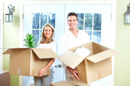 Packed office equipment prepared for a Maida Vale business relocation