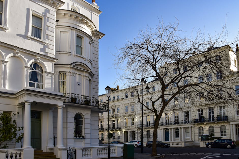 Exterior view of a white, multi-storey residential building with Victorian architecture, including ornate window frames and decorative cornices, situated on a residential street in Maida Vale. In the foreground, a leafless tree with sprawling branches partially obscures the building. Several parked cars are visible along the curb, and traditional black street lamps line the pavement. The scene is captured during daylight with a clear blue sky overhead, illustrating the property's location in a typical London suburb. This image reflects the setting where Removal Companies Maida Vale conducts home relocation, with a focus on the exterior environment and urban surroundings involved in furniture transport and moving services.