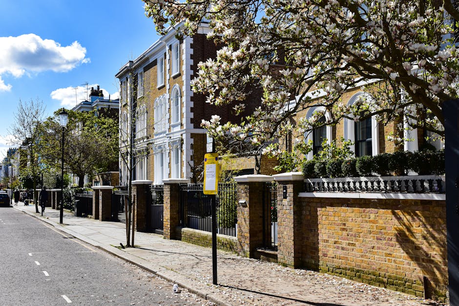 A street view outside a large, cream-colored Victorian-style building in Maida Vale, NW6, with multiple floors, bay windows, and decorative architectural details. Several parked cars line the street, including sedans and SUVs, in front of the property. Tall black lampposts are positioned along the pavement, and a large leafy tree partially shades the scene. Inside the property, visible through open doors, are cardboard boxes, furniture wrapped in protective fabric and plastic, and a hand truck, indicating an ongoing home relocation or furniture transport process. The environment suggests day-time, with natural light illuminating the building and street, and the scene is associated with professional removals services provided by Removal Companies Maida Vale during packing and moving activities.