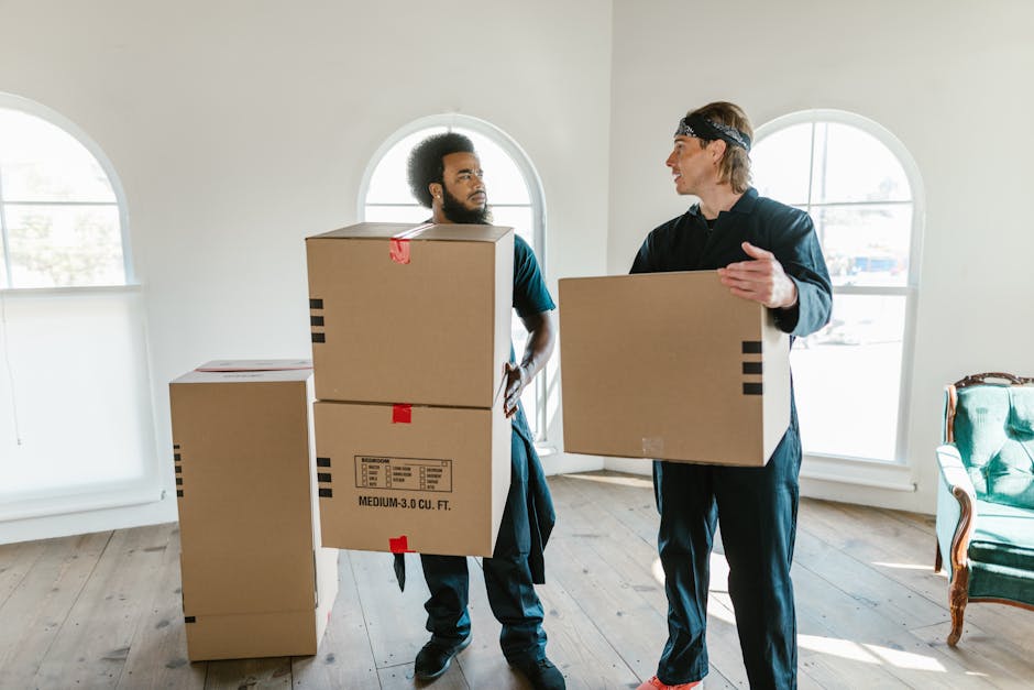 Two movers from Removal Companies Maida Vale are inside a well-lit room with large, arched windows showing daylight outside. The mover on the left, with curly hair and a beard, is holding two cardboard boxes stacked on top of each other, with packing tape visible on the boxes. The other mover, with shoulder-length hair and wearing a headband, is holding a single cardboard box. The room has wooden flooring and minimal furnishings, with a green upholstered armchair partly visible in the corner. There are additional cardboard boxes on the floor and behind the movers, indicating a packing or furniture transport process during a home relocation. Bright natural light enters through the windows, creating a clear environment for loading or unloading. The scene captures the careful handling of household items involving packing and furniture transport, typical of professional removals services offered by [COMPANY_NAME], aligned with pre-move planning and logistics.